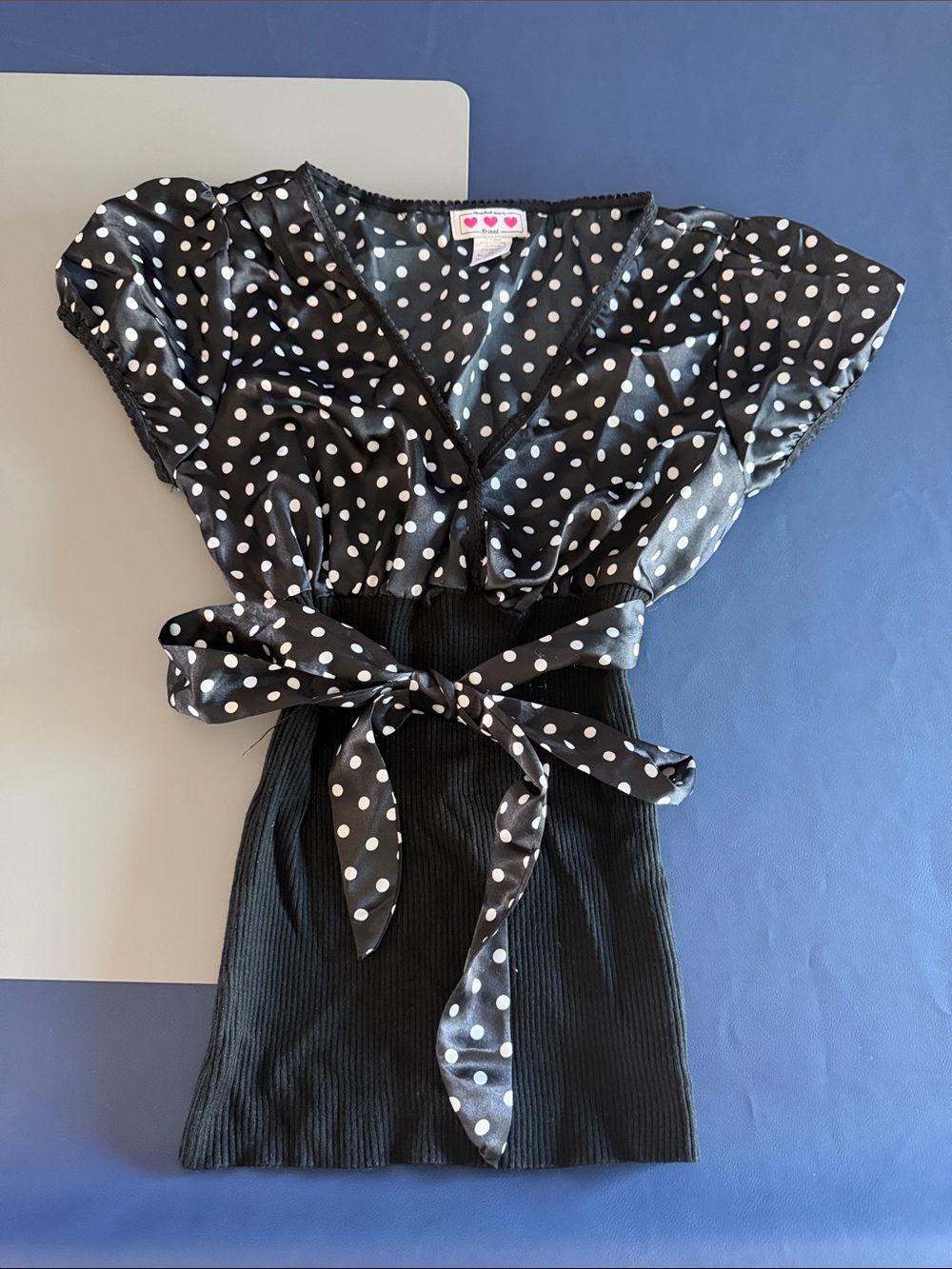 Trixxi Black & White Polka Dot Tie-Waist V-Neck Tunic